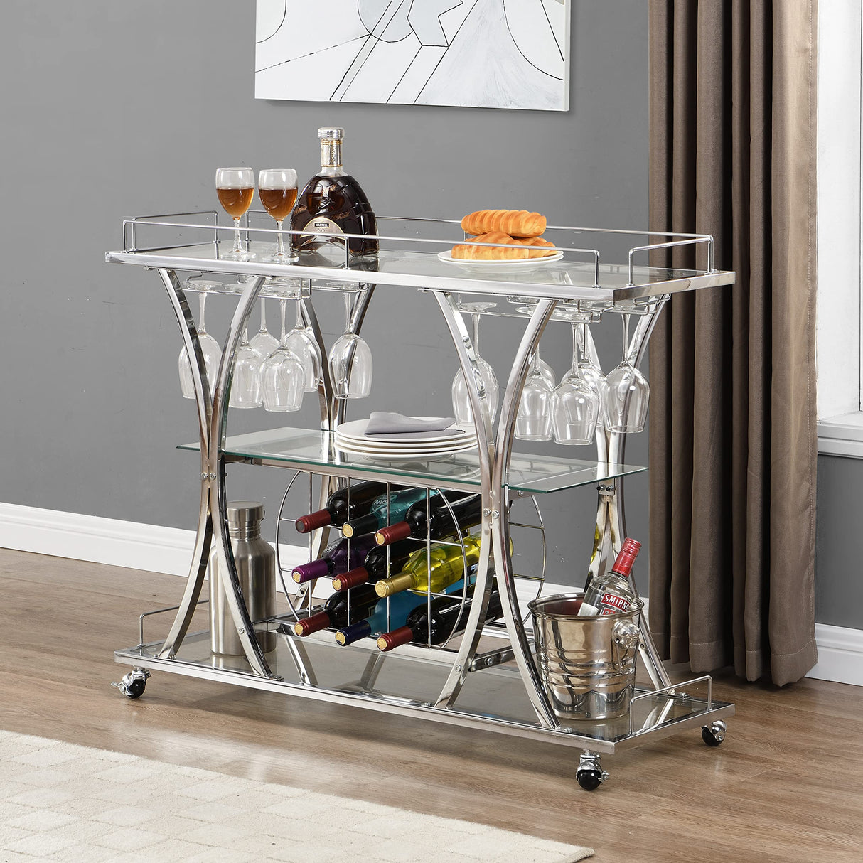 Chrome Stainless Steel & Glass Shelves Bar Cart Holders with 12 Glasses and 11 Wine Bottles, Silver