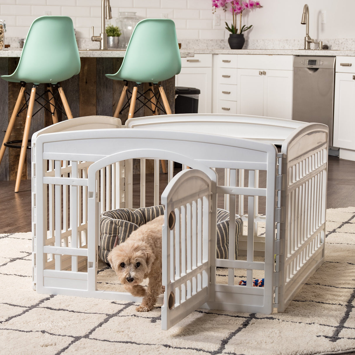 24" Exercise 4-Panel Pet Playpen with Door, Dog Playpen, Puppy Playpen, for Small and Medium Dogs, Keep Pets Secure, Easy Assemble, Fold It Down, Easy Storing, Customizable, White