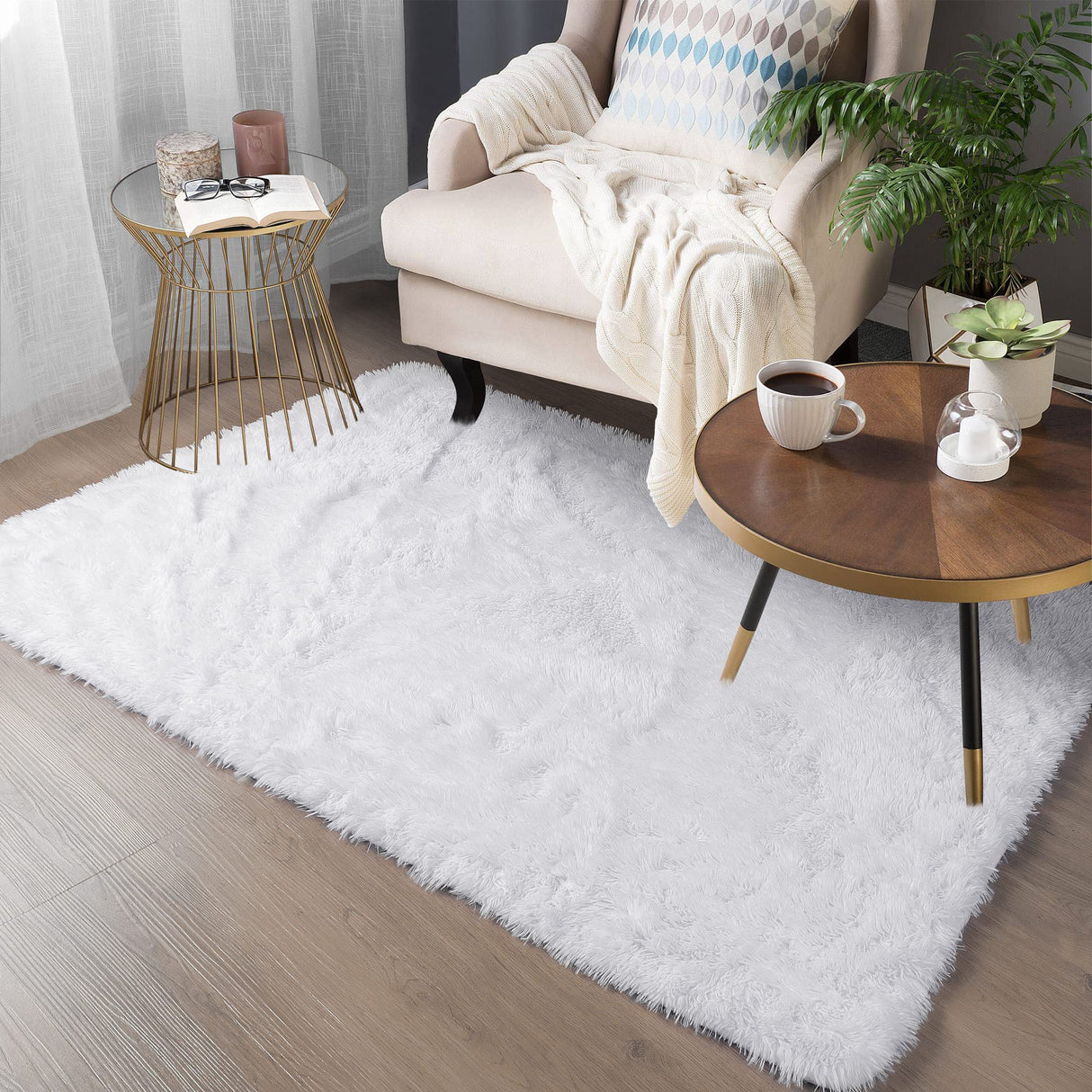 White Soft Area Rug for Bedroom,5x8.6,Fluffy Rugs,Shag Carpet for Living Room,Fuzzy Rug for Kids Baby Room,Furry Rug for Girls Boys Room,Large Anti-Slip Rug,White Carpet,Home Decor,Bedside Rug