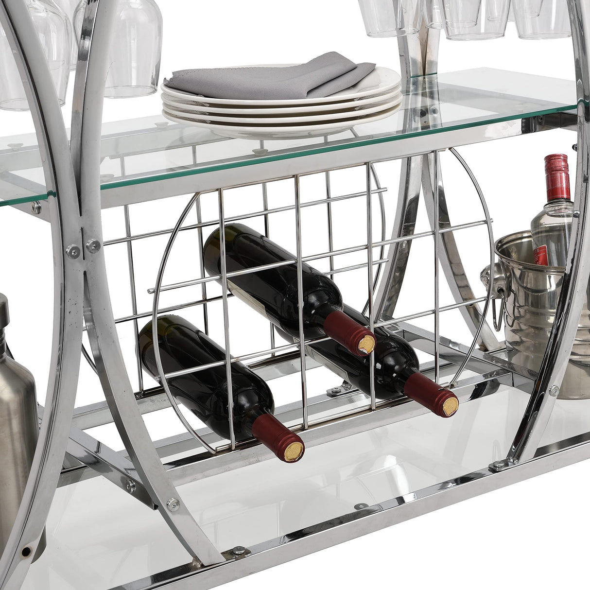 Chrome Stainless Steel & Glass Shelves Bar Cart Holders with 12 Glasses and 11 Wine Bottles, Silver