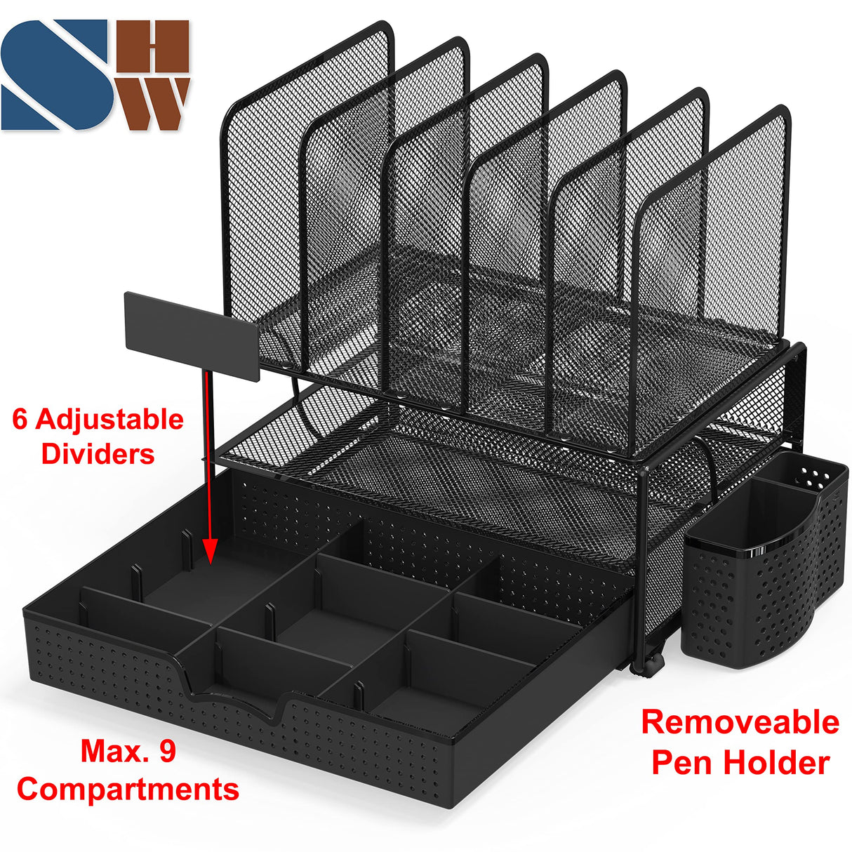 Mesh Desk Organizer with Sliding Drawer, Double Tray and 5 Upright Sections, Black
