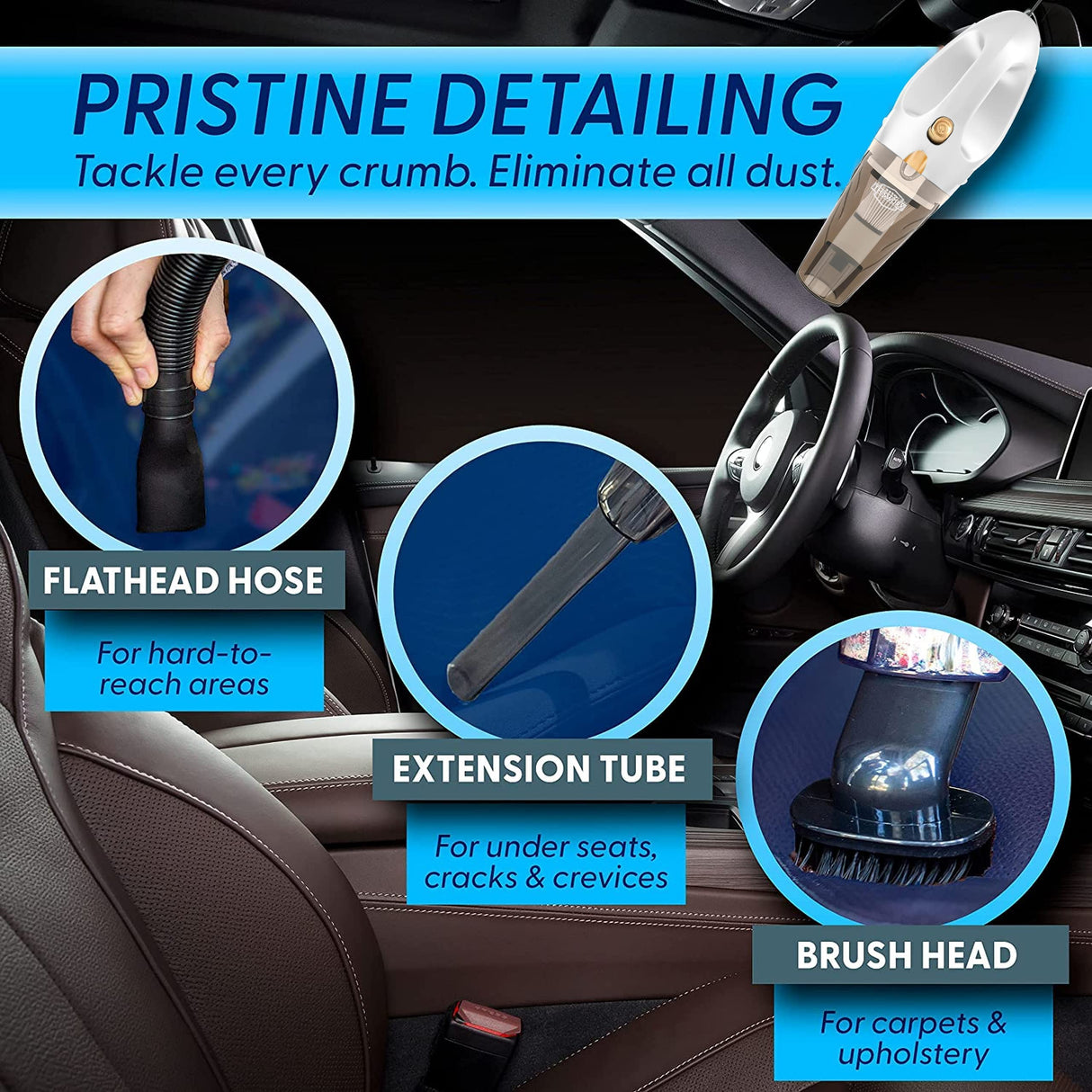 Car Vacuum Cleaner - Car Accessories - Small 12V High Power Handheld Portable Car Vacuum w/Attachments, 16 Ft Cord & Bag - Detailing Kit Essentials for Travel, RV Camper