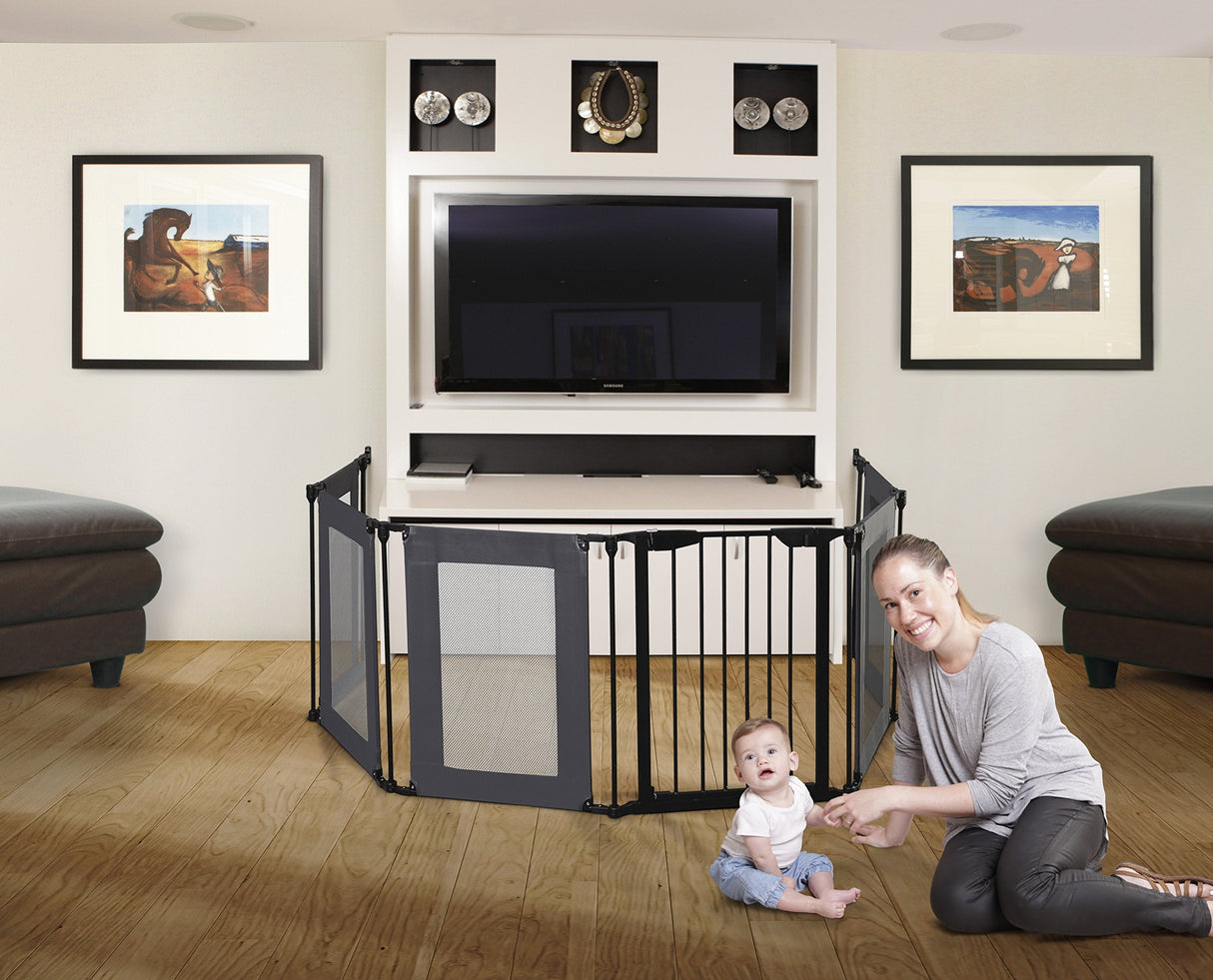 Dreambaby Brooklyn Converta 3-in-1 Play-Pen Baby Safety Gate - with 6 Configurable Mesh Sides Panels - Fireguard & Room Divider - Fits Opening up to 3.8m Wide & 74cm Tall - Black - Model F2031BB
