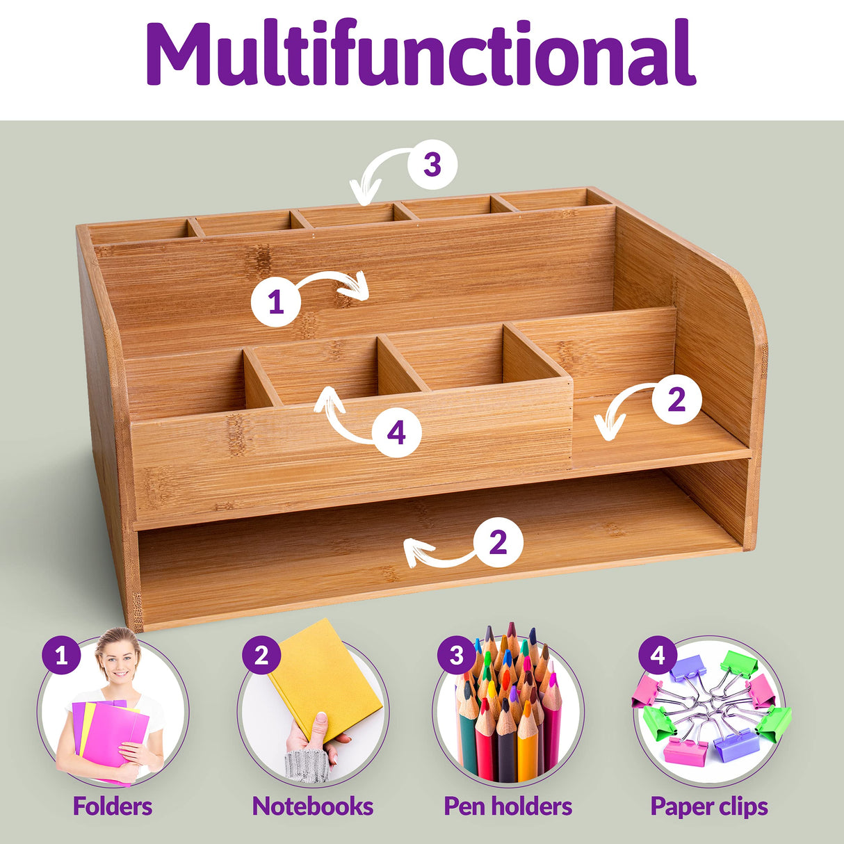 Bamboo Wood Desk Organizer with File Organizer for Office Supplies Storage & Desk Accessories. Perfect Office Decor combo for Desk Organization, Office Desks, Home Office and more by MissionMax