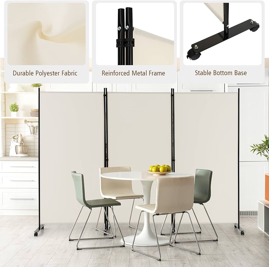 3-Panel Folding Room Divider, 180 CM Rolling Privacy Screen with Lockable Wheels, Portable Wall Divider and Separator, Freestanding Privacy Protection for Living Room, Bedroom, Office