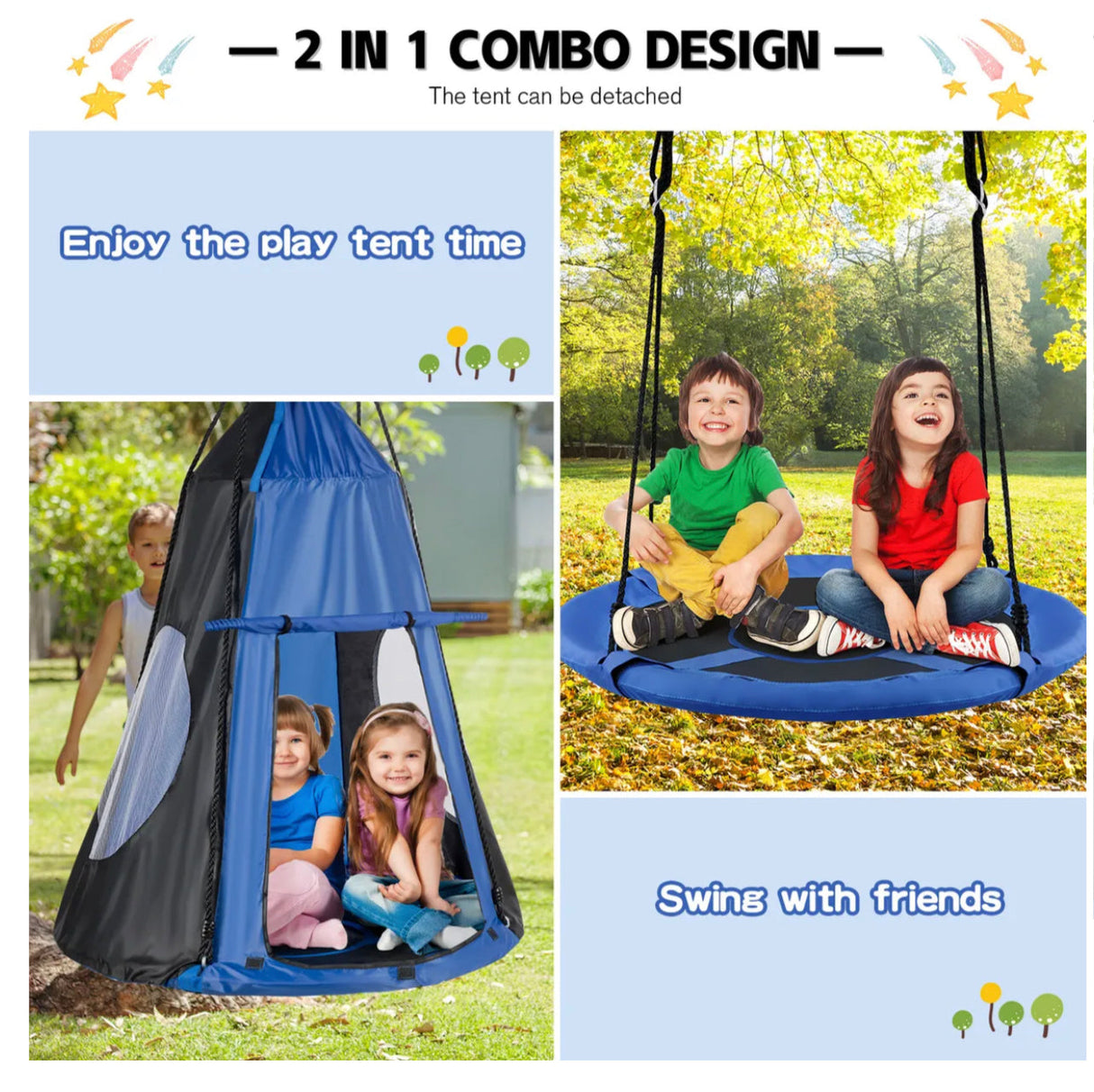 Kids Hanging Tent Tree Swing 2 IN 1 Outdoor Hammock Nest Pod Chair 100cm