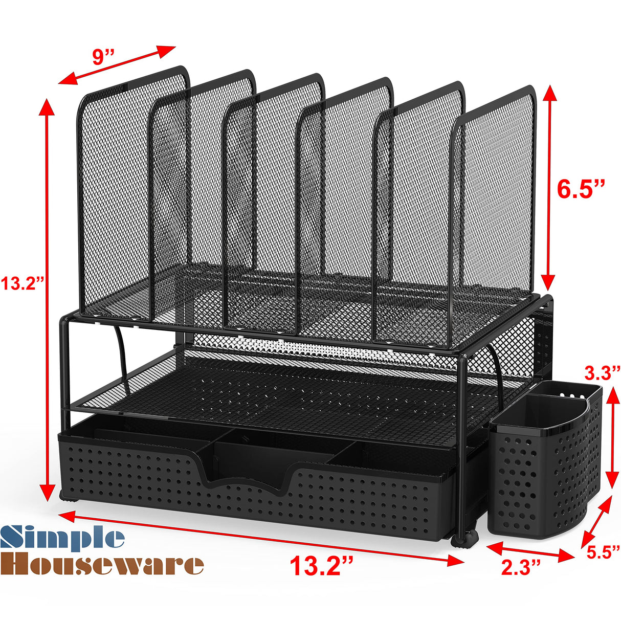 Mesh Desk Organizer with Sliding Drawer, Double Tray and 5 Upright Sections, Black