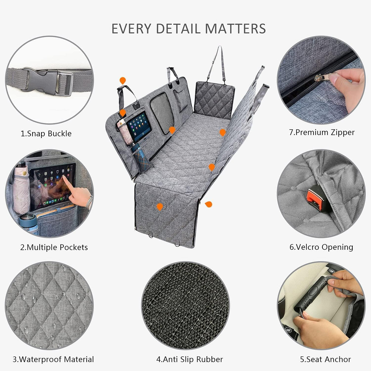 6-in-1 Grey Dog Car Hammock – 137 × 147 cm