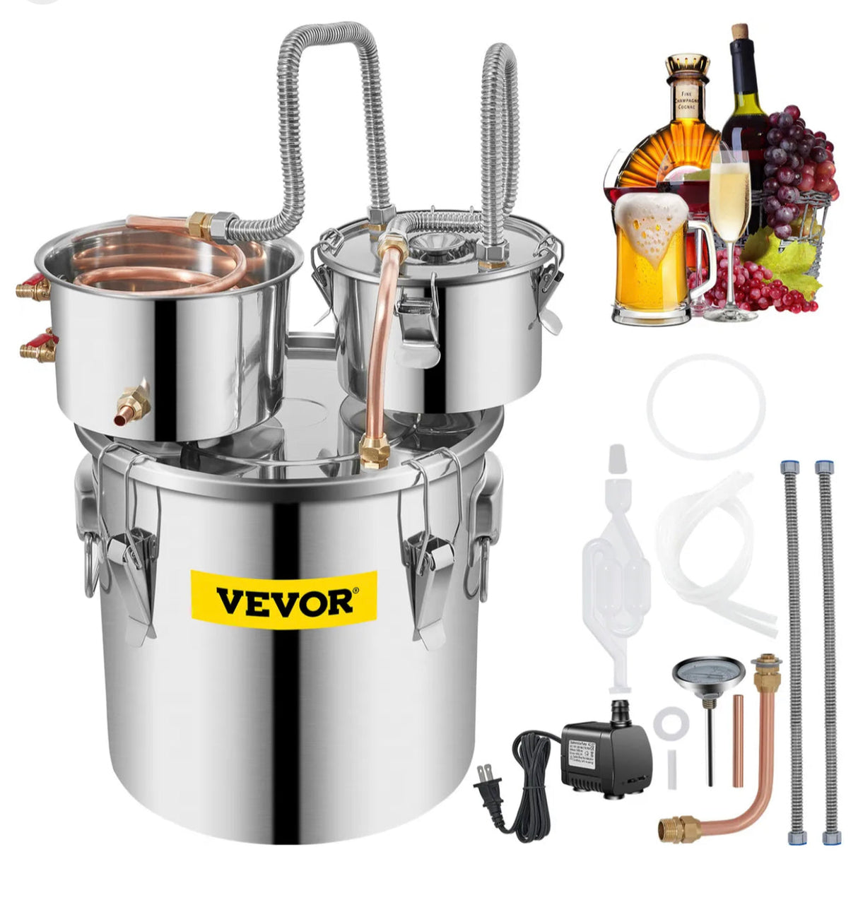 3 Pots 5Gal 19L Alcohol Distiller Copper Alcohol Still Boiler Spirits Brew Kit