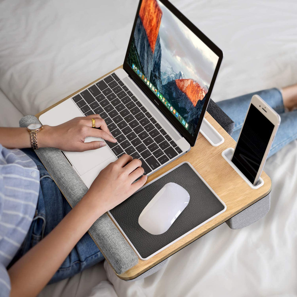 Lap Desk - Fits up to 17" Laptop Desk, Built in Mouse Pad & Wrist Pad for Notebook, MacBook, Tablet, Laptop Stand with Tablet, Pen & Phone Holder (Wood Grain)