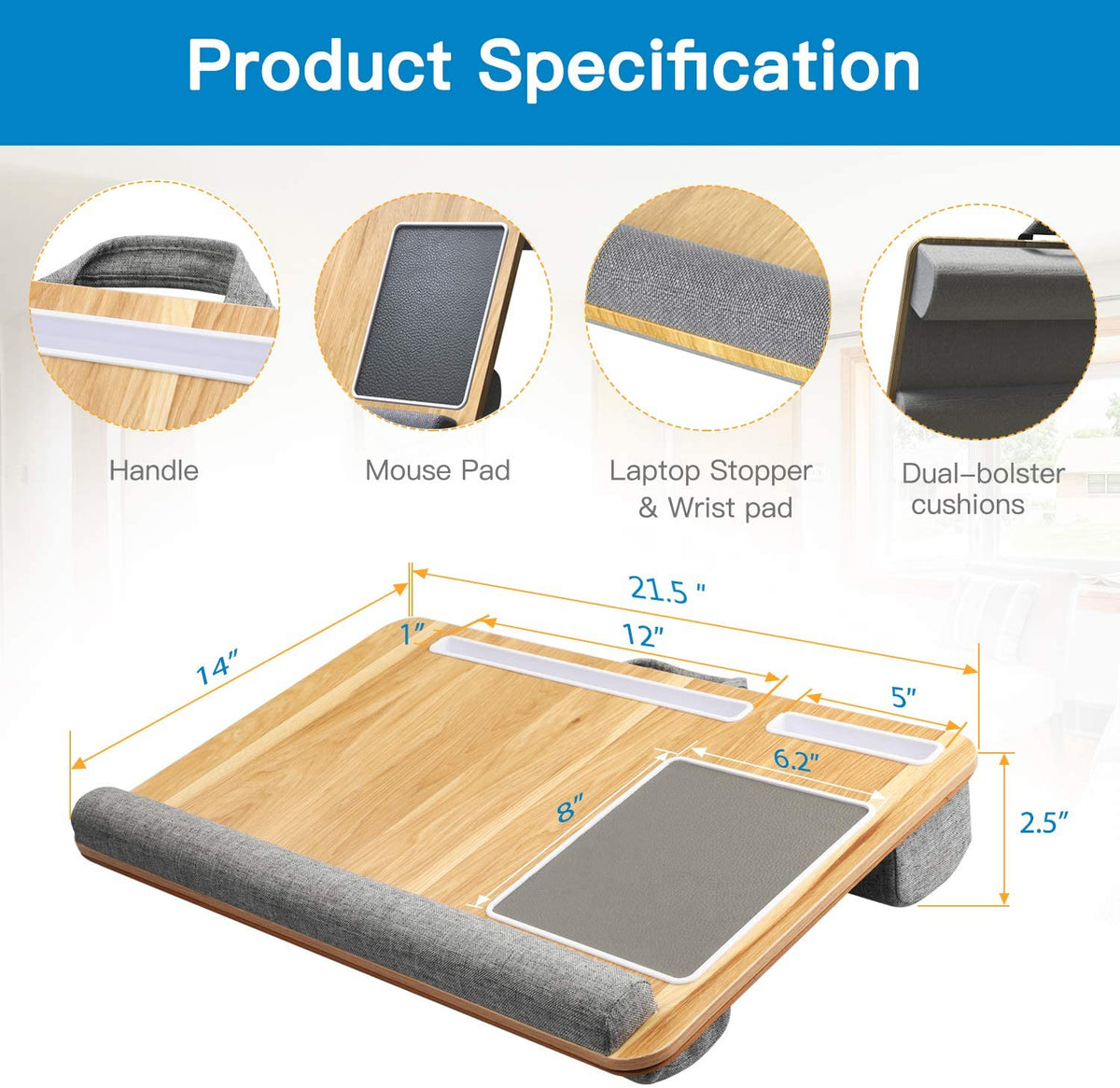 Lap Desk - Fits up to 17" Laptop Desk, Built in Mouse Pad & Wrist Pad for Notebook, MacBook, Tablet, Laptop Stand with Tablet, Pen & Phone Holder (Wood Grain)