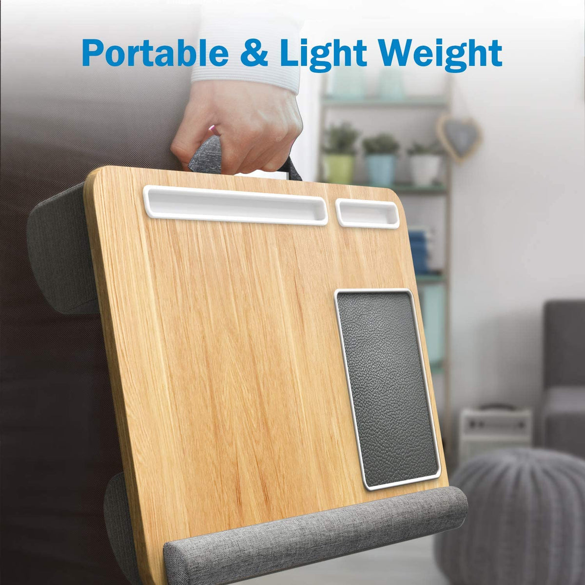 Lap Desk - Fits up to 17" Laptop Desk, Built in Mouse Pad & Wrist Pad for Notebook, MacBook, Tablet, Laptop Stand with Tablet, Pen & Phone Holder (Wood Grain)