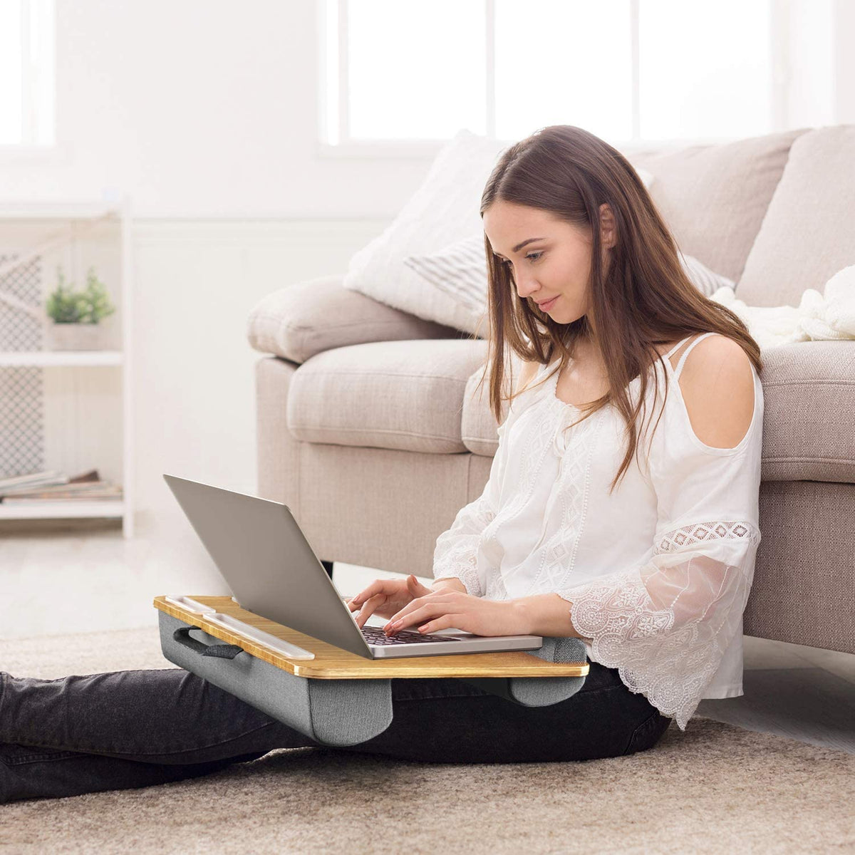 Lap Desk - Fits up to 17" Laptop Desk, Built in Mouse Pad & Wrist Pad for Notebook, MacBook, Tablet, Laptop Stand with Tablet, Pen & Phone Holder (Wood Grain)