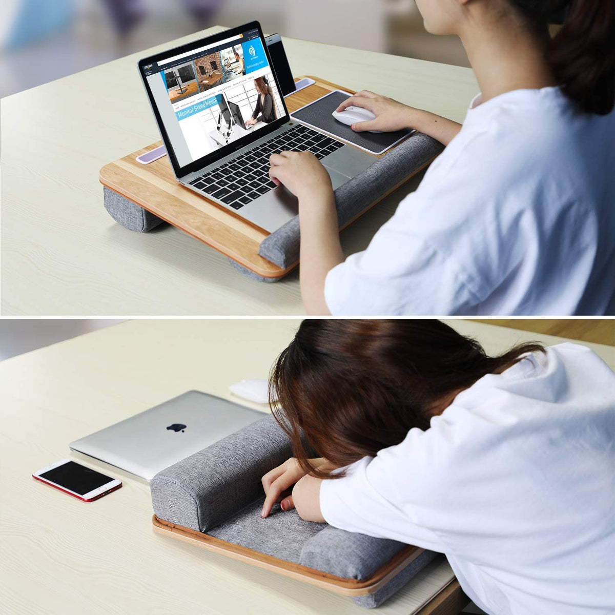 Lap Desk - Fits up to 17" Laptop Desk, Built in Mouse Pad & Wrist Pad for Notebook, MacBook, Tablet, Laptop Stand with Tablet, Pen & Phone Holder (Wood Grain)