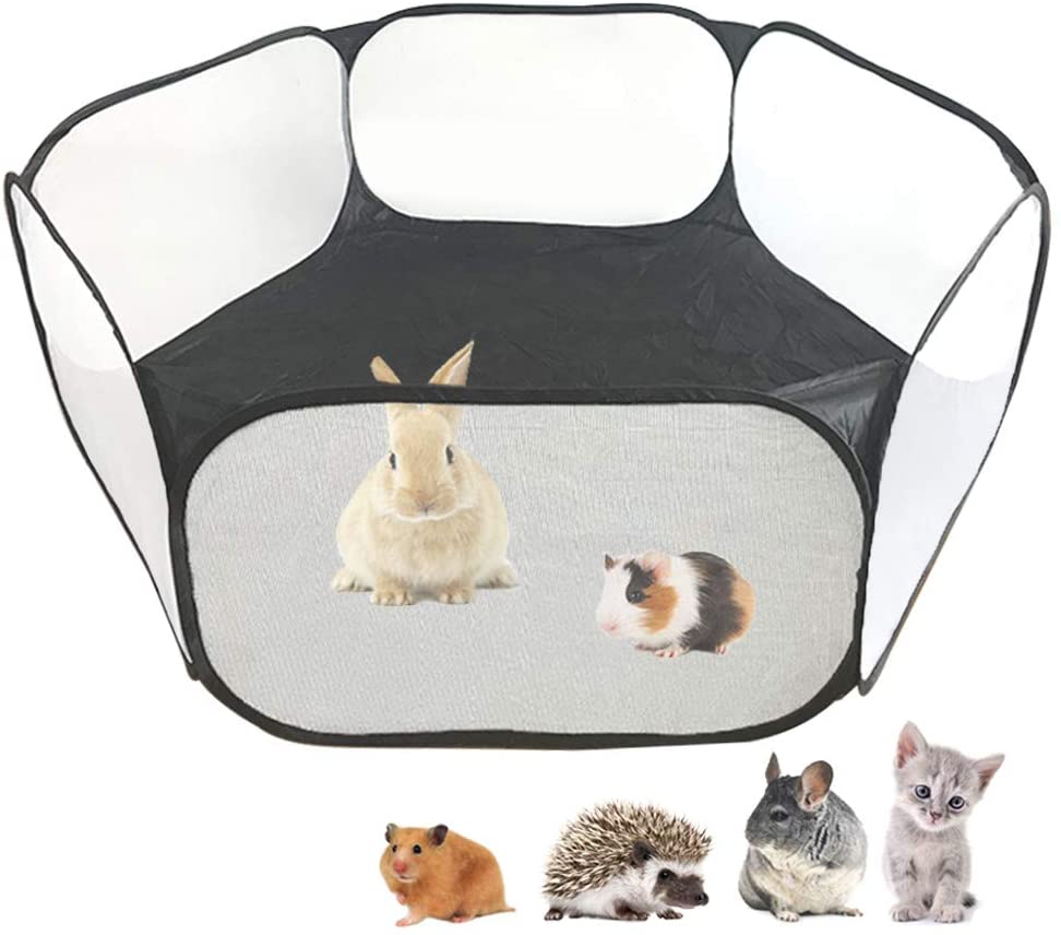 Small Animals C&C Cage Tent, Breathable & Transparent Pet Playpen Pop Open Outdoor/Indoor Exercise Fence, Portable Yard Fence for Guinea Pig, Rabbits, Hamster, Chinchillas and Hedgehogs (Black)