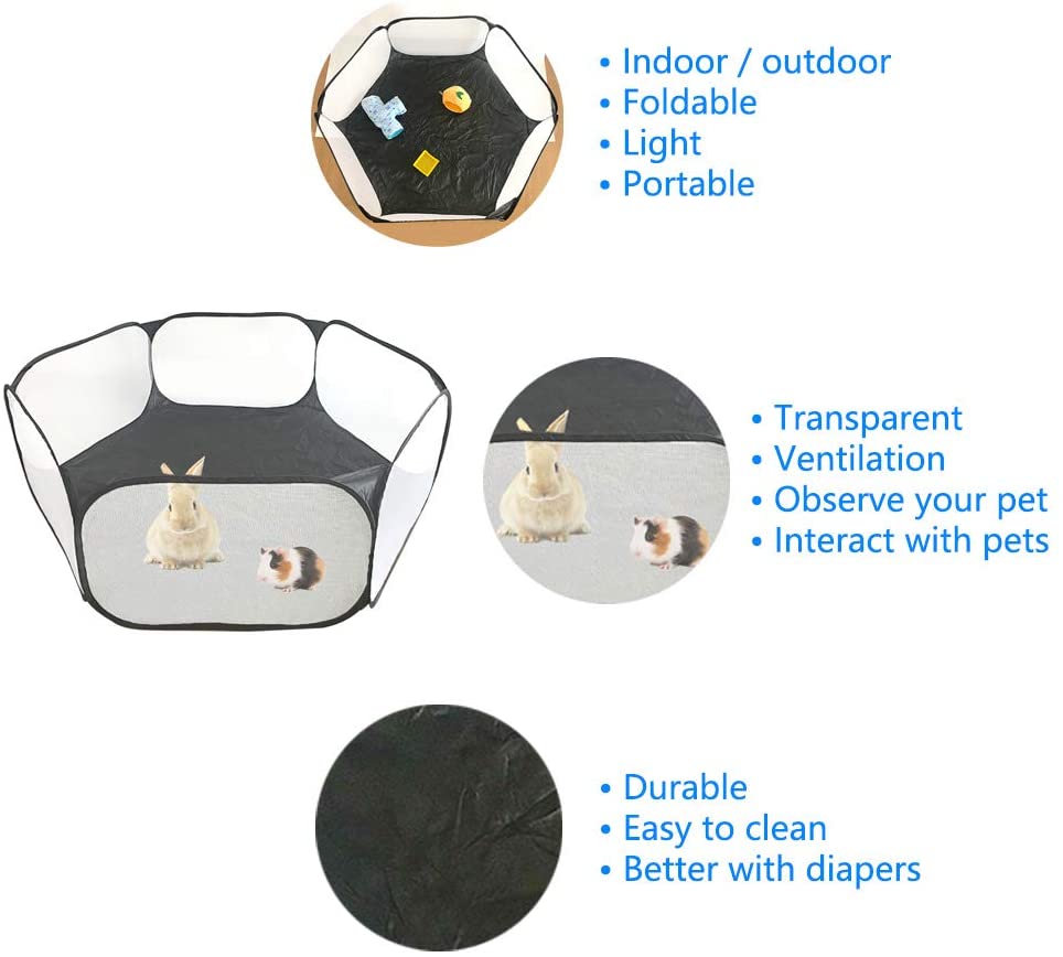 Small Animals C&C Cage Tent, Breathable & Transparent Pet Playpen Pop Open Outdoor/Indoor Exercise Fence, Portable Yard Fence for Guinea Pig, Rabbits, Hamster, Chinchillas and Hedgehogs (Black)