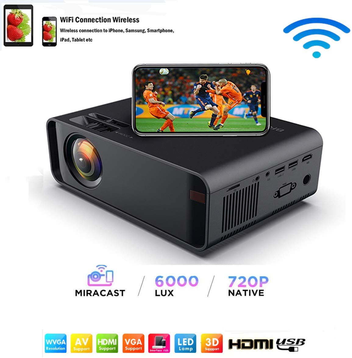 Mini LED Projector Portable 6000 Lumens-WiFi Video Projectors 1080P Full HD For iPhone Samsung Smartphone Wireless Projector HDMI Office Home Theater Movie Connection HDMI/USB/VGA/AV/TF/SD Card (Black)