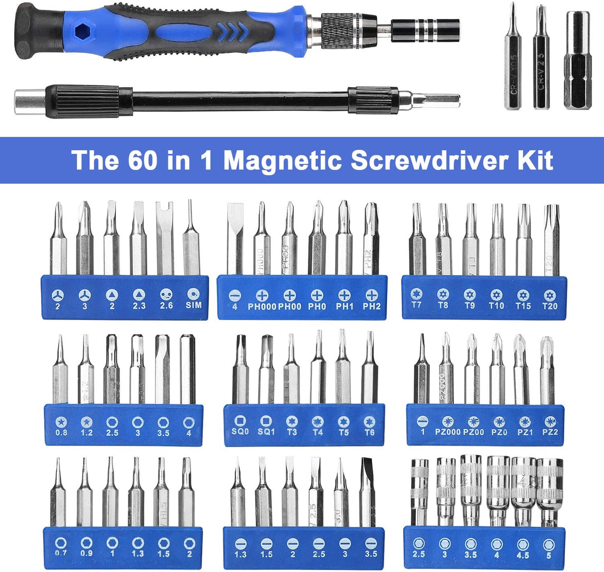Precision Screwdriver Set, 60 in 1 with 56 Bits Magnetic Screwdriver Kit, Stainless Steel Professional Repair Tools Kit for Phone, Laptop, PC, Camera, Game Console, Glasses, and More –Blue
