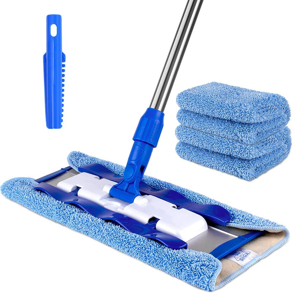 Professional Microfiber Mop, Stainless Steel Handle - Pad Size: 42cm x23cm, 2 Free Microfiber Cloth Refills and 1 Dirt Removal Scrubber included