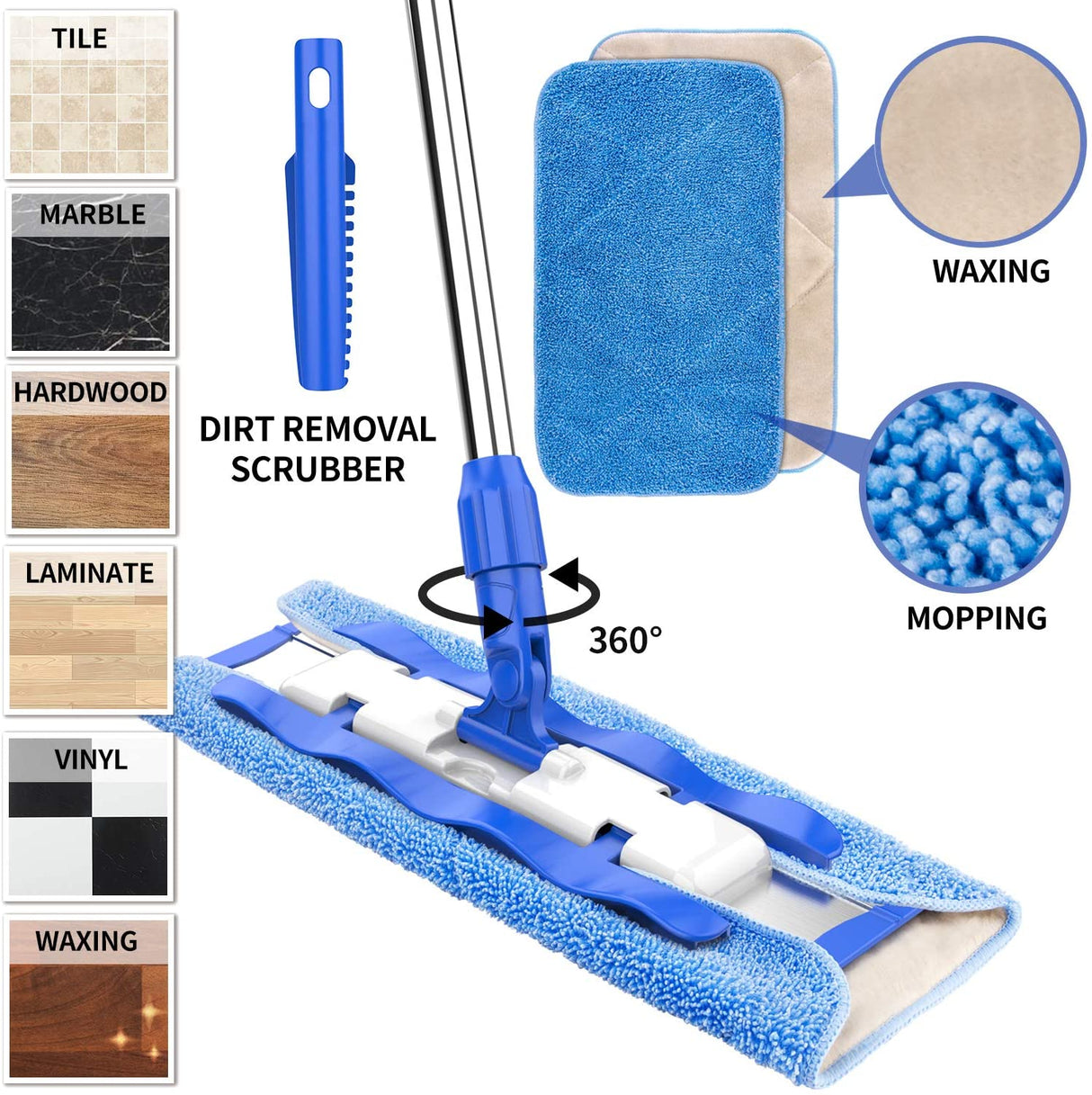 Professional Microfiber Mop, Stainless Steel Handle - Pad Size: 42cm x23cm, 2 Free Microfiber Cloth Refills and 1 Dirt Removal Scrubber included