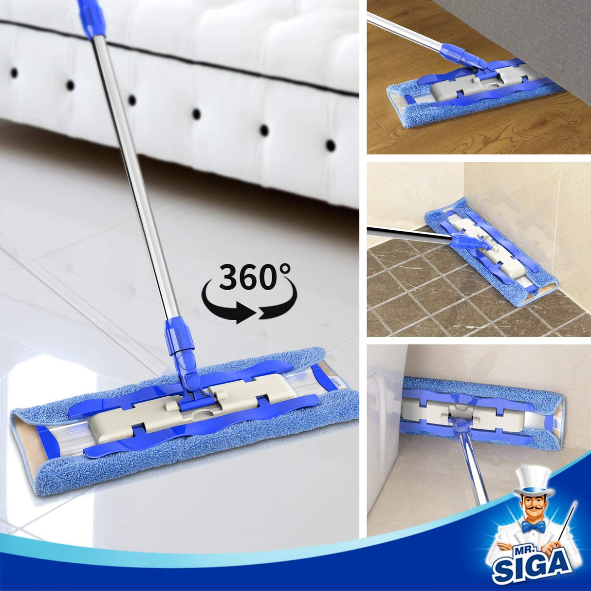 Professional Microfiber Mop, Stainless Steel Handle - Pad Size: 42cm x23cm, 2 Free Microfiber Cloth Refills and 1 Dirt Removal Scrubber included