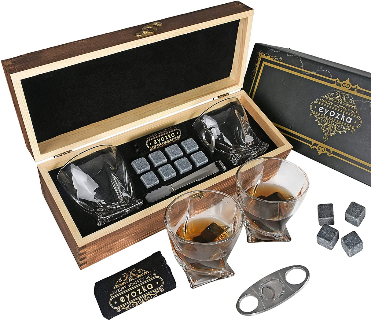 Whiskey Glass Set Gift Box - Cigar Cutter and Whiskey Stones Included - Chilling Stones Gift Set - Scotch Bourbon Glasses Bar Accessories - Reusable Ice Cubes - Unique Gifts for Men