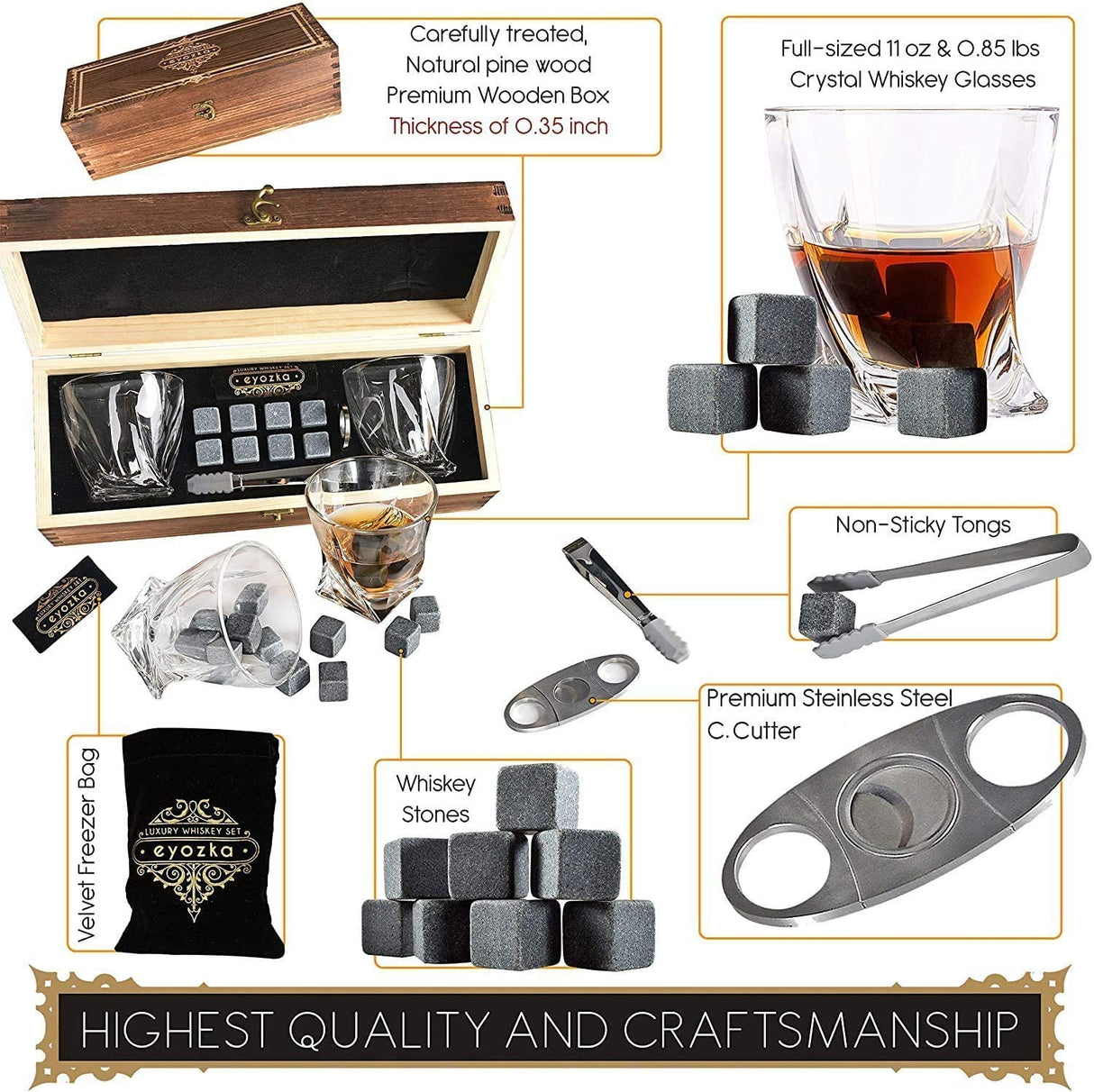 Whiskey Glass Set Gift Box - Cigar Cutter and Whiskey Stones Included - Chilling Stones Gift Set - Scotch Bourbon Glasses Bar Accessories - Reusable Ice Cubes - Unique Gifts for Men