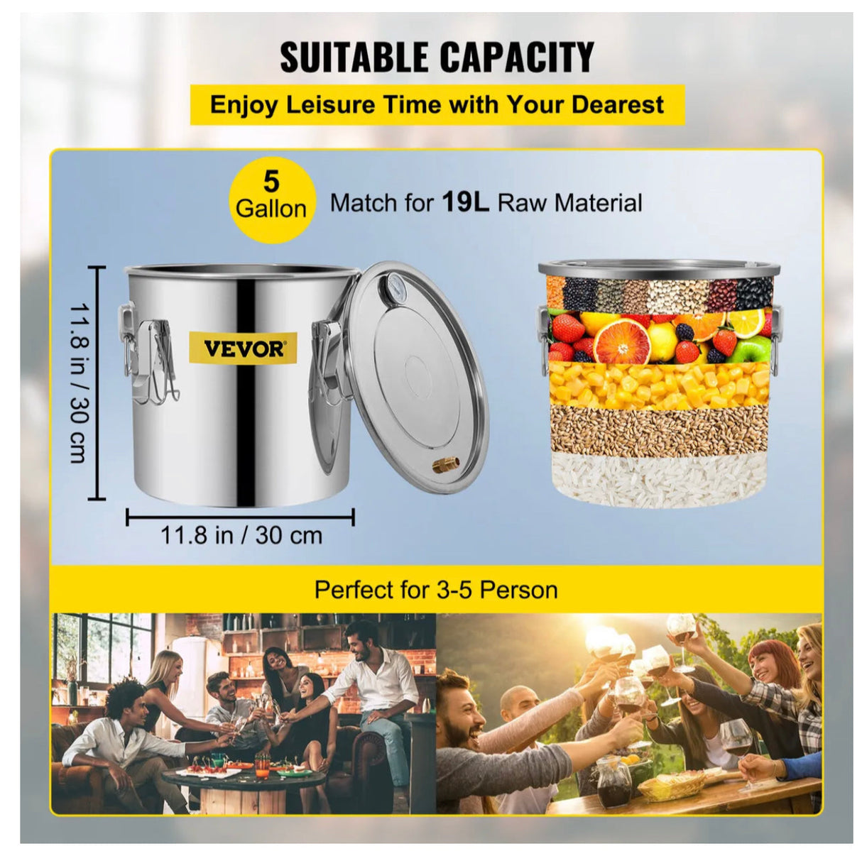 3 Pots 5Gal 19L Alcohol Distiller Copper Alcohol Still Boiler Spirits Brew Kit