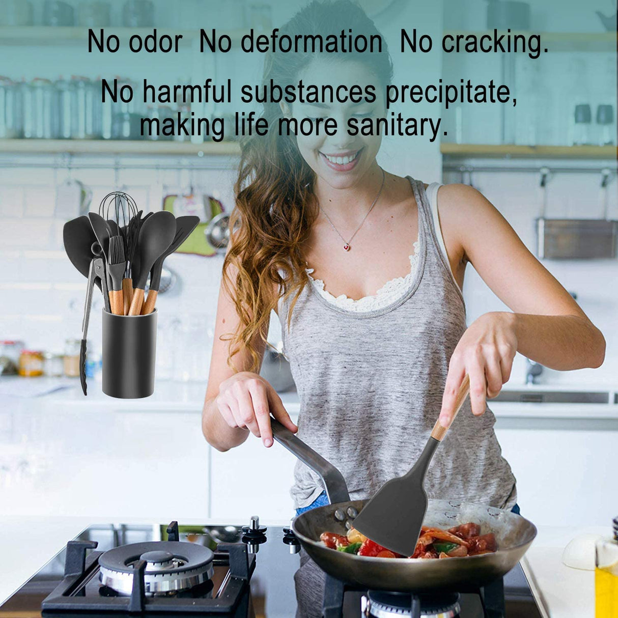 Kitchen Utensil Set Silicone Cooking Utensils - SZBOB 19pcs Kitchen Utensils Tools Wooden Handle Spoons Silicone Utensil Set Spatulas Set Cookware Turner Tongs Whisk Kitchen Gadgets with Holder