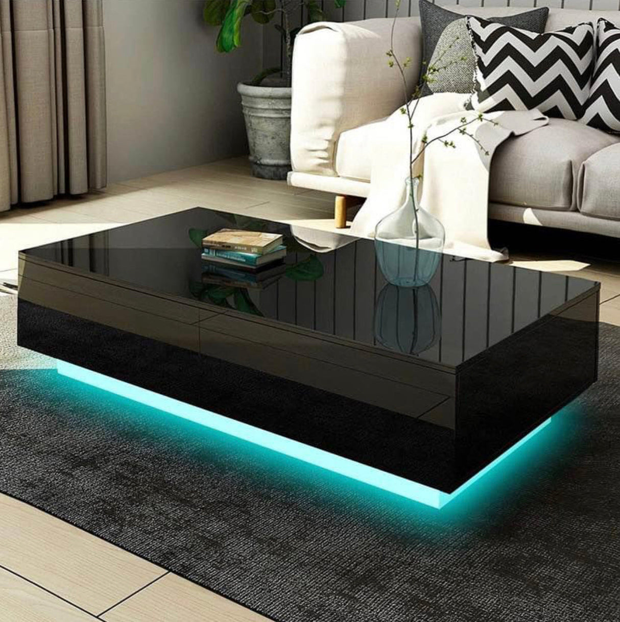 Modern LED Coffee Table Storage High Gloss Living Room Furniture 4 Drawers Black