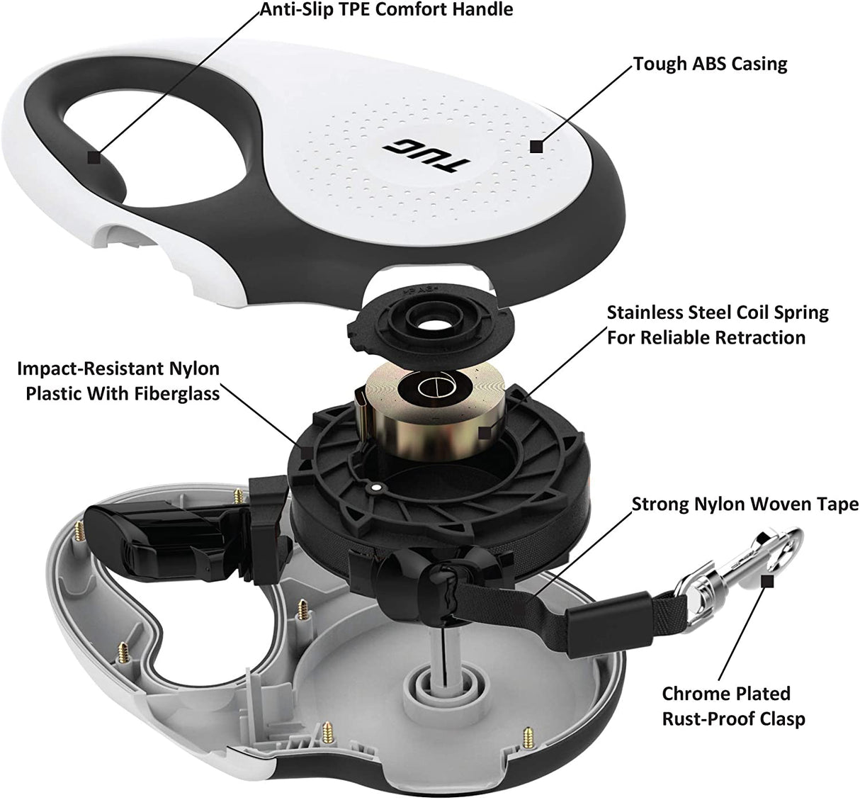 360° Tangle-Free, Heavy Duty Retractable Dog Leash for Up to 55 Lb Dogs; 16 Ft Strong Nylon Tape/Ribbon; One-Handed Brake, Pause, Lock