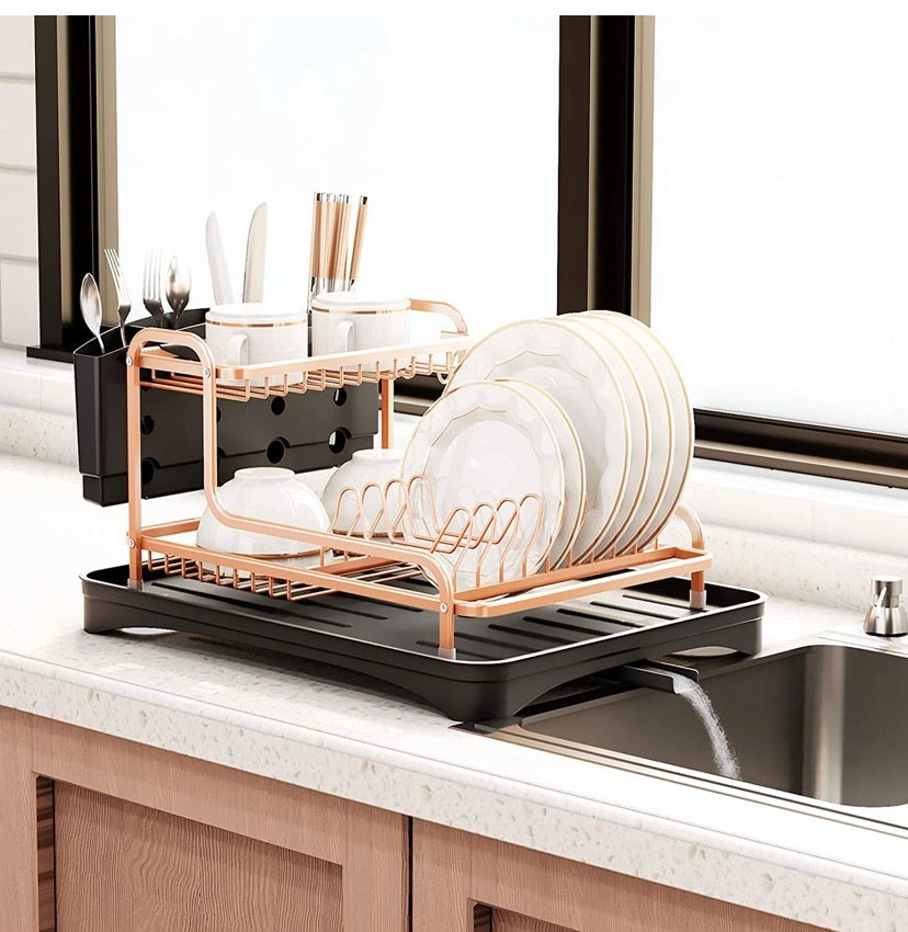 Dish Drying Rack, Aluminium Rust Proof Dish Rack and Drainboard Set with Removable Cutlery Holder and 360 Swivel Spout Drain Board for Kitchen Counter (Rose Gold, 2 Tier)