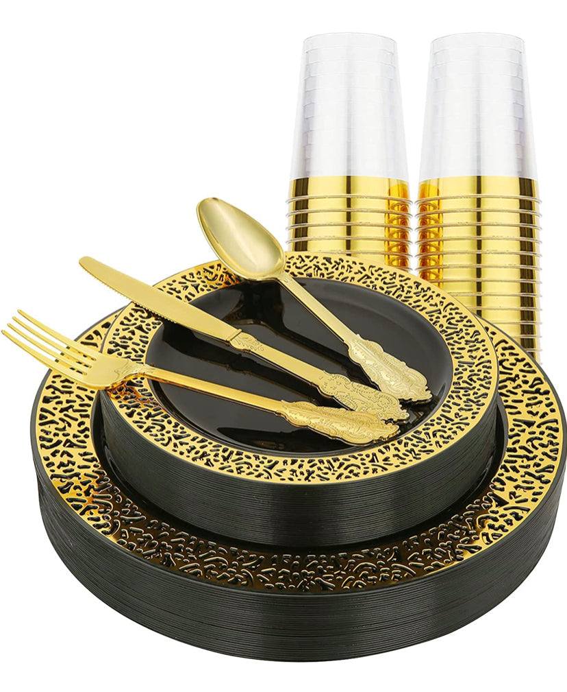 180pcs Black and Gold Plastic Plates with Gold Plastic Silverware