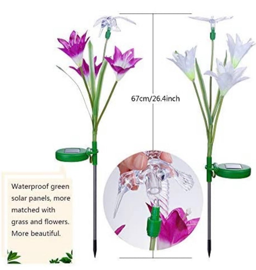 2 PCS Solar Garden Lights Outdoor, Garden Decor with 6 Lily Flower and Butterflies Combination Decorative Lights Multi-Color Changing LED Solar Stake Lights for Path, Yard, Yard Art, Yard Decorations.