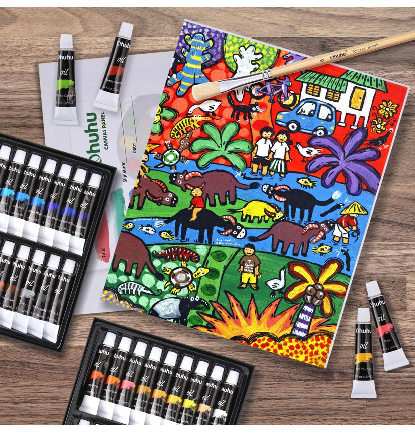 Oil Painting Set, Ohuhu 56pcs Artist Painting Set with Table Top Easel, Bristle Art Painting Brushes, Oil Paints Tubes, Canvas, Canvas Panels, Paint Palette, Art Supplies for Artist Students School