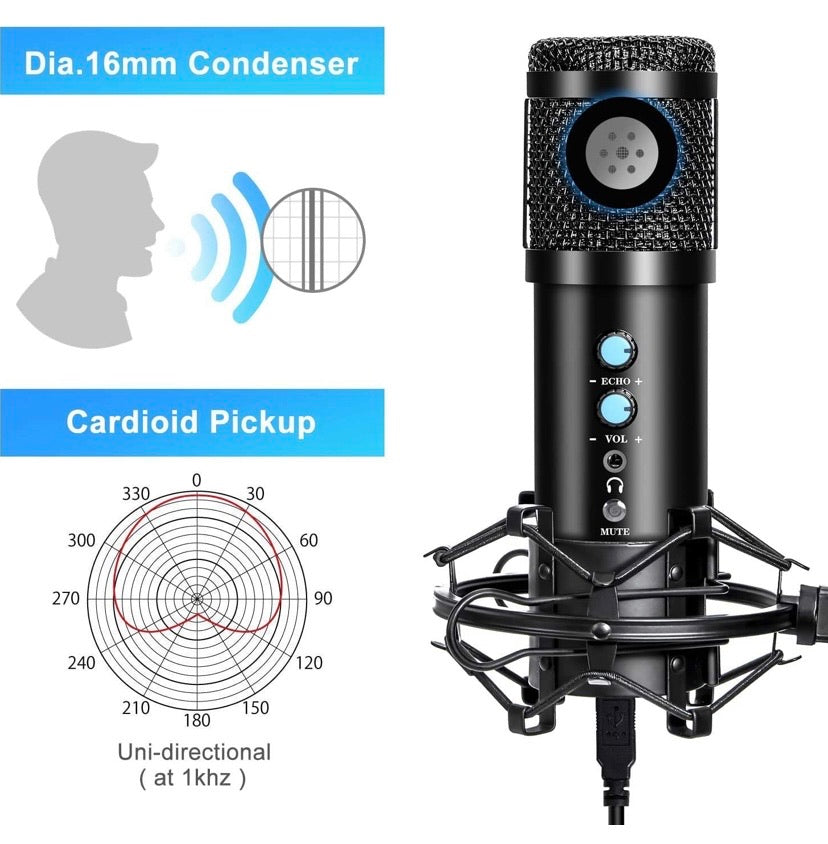 USB Condenser Microphone Kit for Computer, Adjustable Metal Arm Stand,Computer Mic 192kHz/24bit for Professional Streaming Podcast, Live Streaming, YouTube Recording,Gaming,Sing,Studio/Home Recording