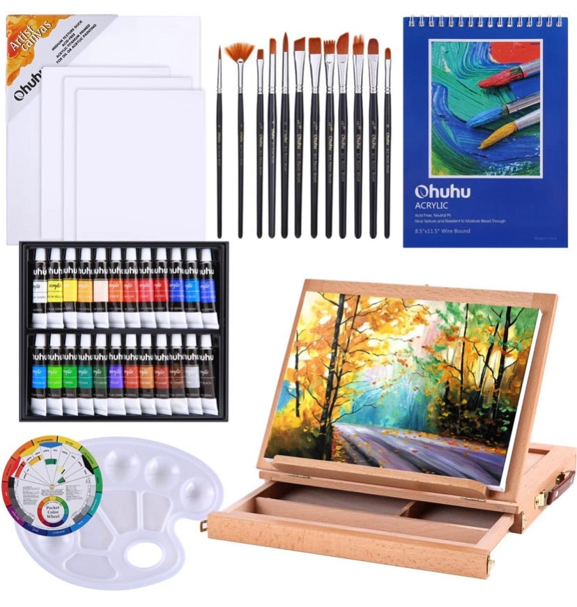 Acrylic Painting Set, 44pcs Ohuhu Artist Set with Wood Table-Top Easel Box, Art Painting Brushes, Acrylic Paint Tubes, and Acrylic Painting Pads for Artist Students Beginners