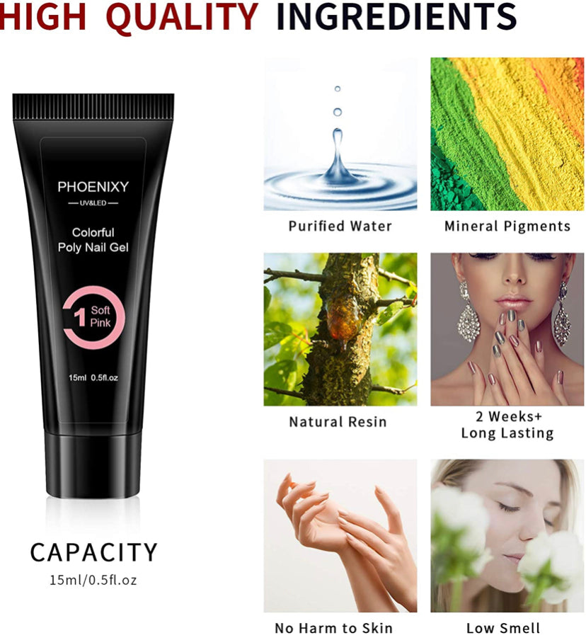 Poly Nail Gel Kit with 36W LED UV Nail Lamp Phoenixy 4 Colours Poly Nail Extension Gel Slip Solution Basic Nail Art Tools All In One Kit for Nail Manicure Beginner Starter Gift