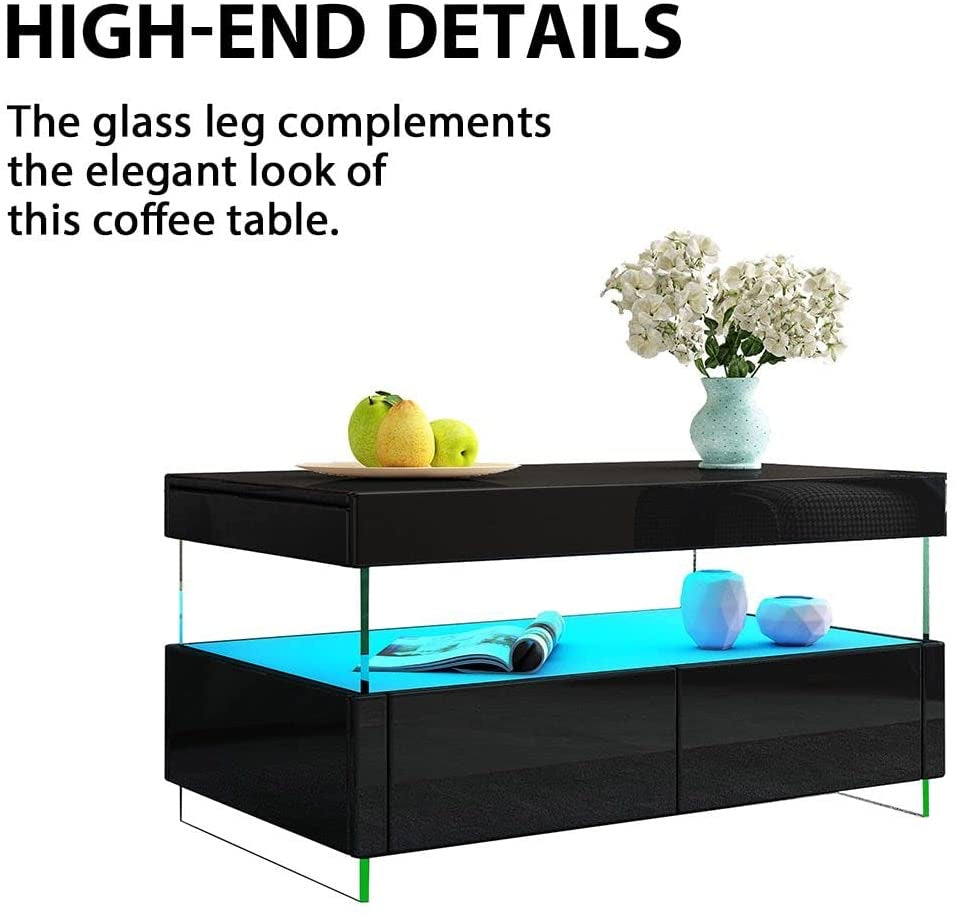 Luxsuite Coffee Table LED High Gloss Rectangle with 2 Drawers 16 LED Colours Living Room Storage Modern Furniture