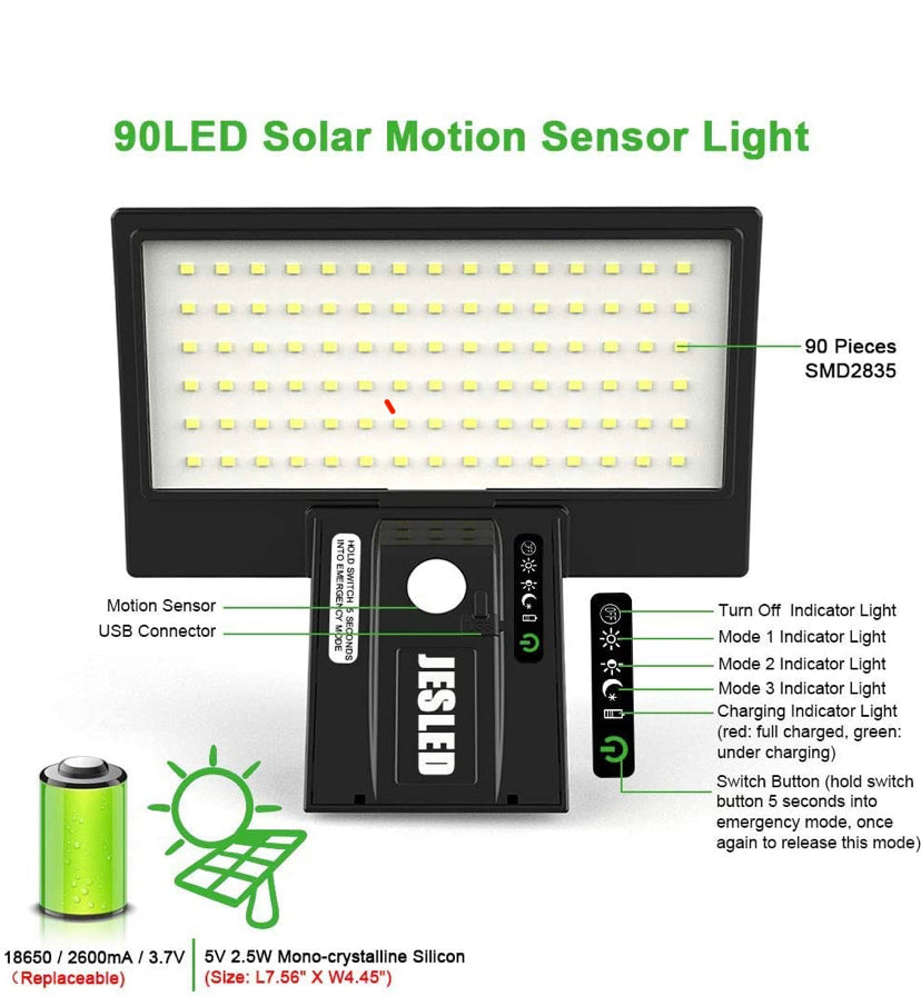 Solar Lights Outdoor Motion Sensor, 90 LED Solar Powered Exterior Wall Security Light Waterproof for Porch Yard Patio Garage, Dusk-to-dawn, Super Bright, USB Charging & Emergency Lighting 2 Pack