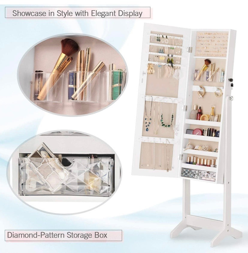 LED Light Jewellery Cabinet Standing full Screen Mirror Makeup Lockable Armoire, Large Cosmetic Storage Organizer w/Brush Holder white
