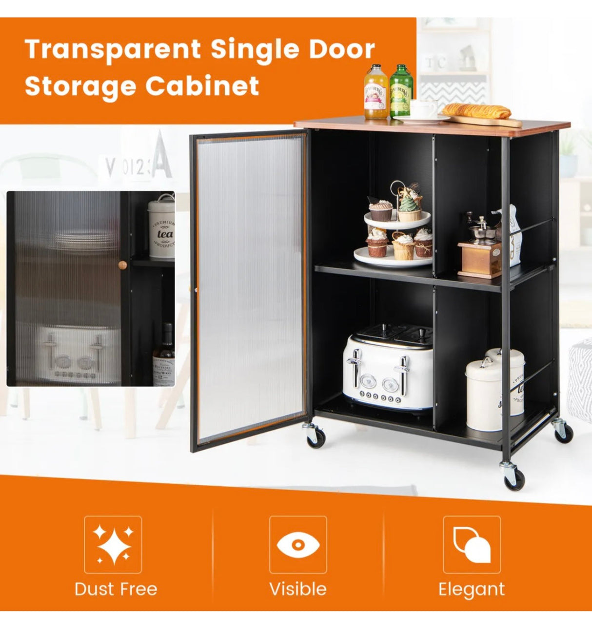 Kitchen Island on Wheels Utility Trolley Rolling Coffee Bar Cart Door & Shelves