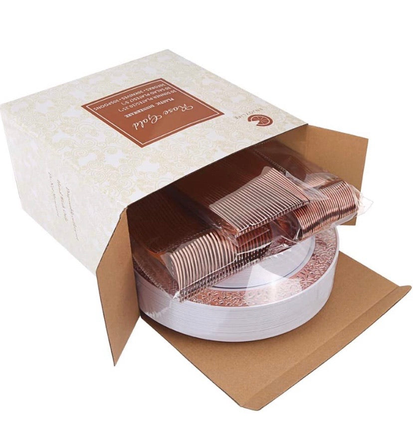 150pcs Rose Gold Plates, Rose Gold Plastic Silverware, Party Plates with Rose Gold Rim, Lace Plastic Plates, Plastic Flatware for Wedding, Enjoylife(Rose Gold 150) (Rose Gold)