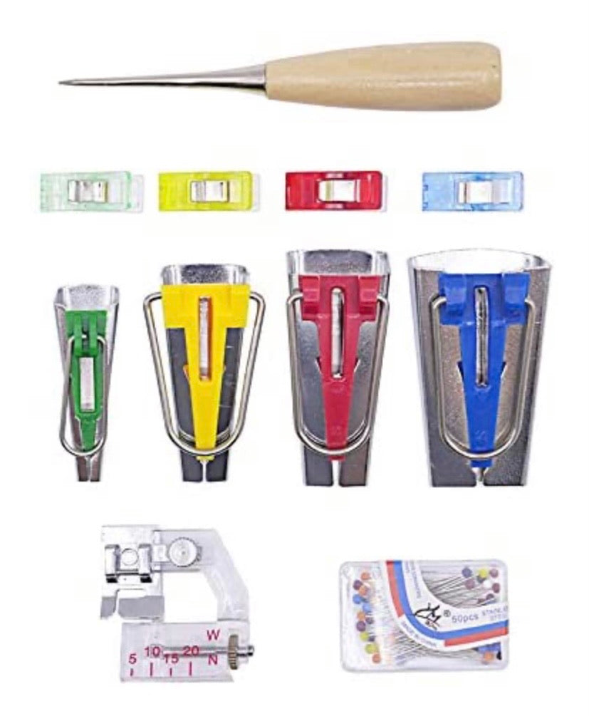 Fabric Bias Tape Maker Kit for Sewing Quilting Awl and Adjustable Binder Foot w/Case (Set of 16)