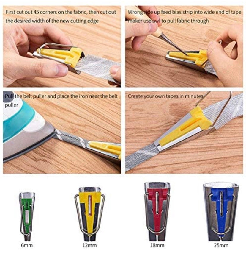Fabric Bias Tape Maker Kit for Sewing Quilting Awl and Adjustable Binder Foot w/Case (Set of 16)