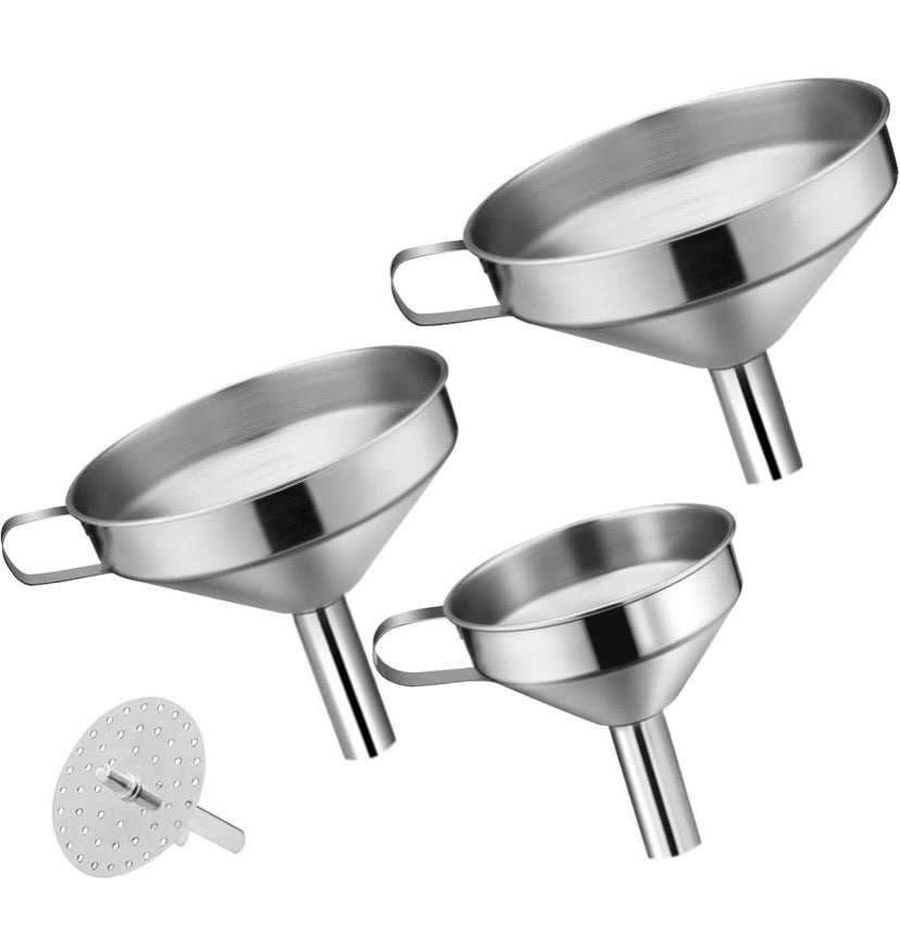 Funnels For Kitchen | 3pc Stainless Steel Kitchen Funnel Set Plus Detachable Strainer | Great for Transferring of Liquid and Dry Ingredients | Durable and Dishwasher Safe | Premium 304 Stainless Steel - Thick and Strong - Will Not Rust