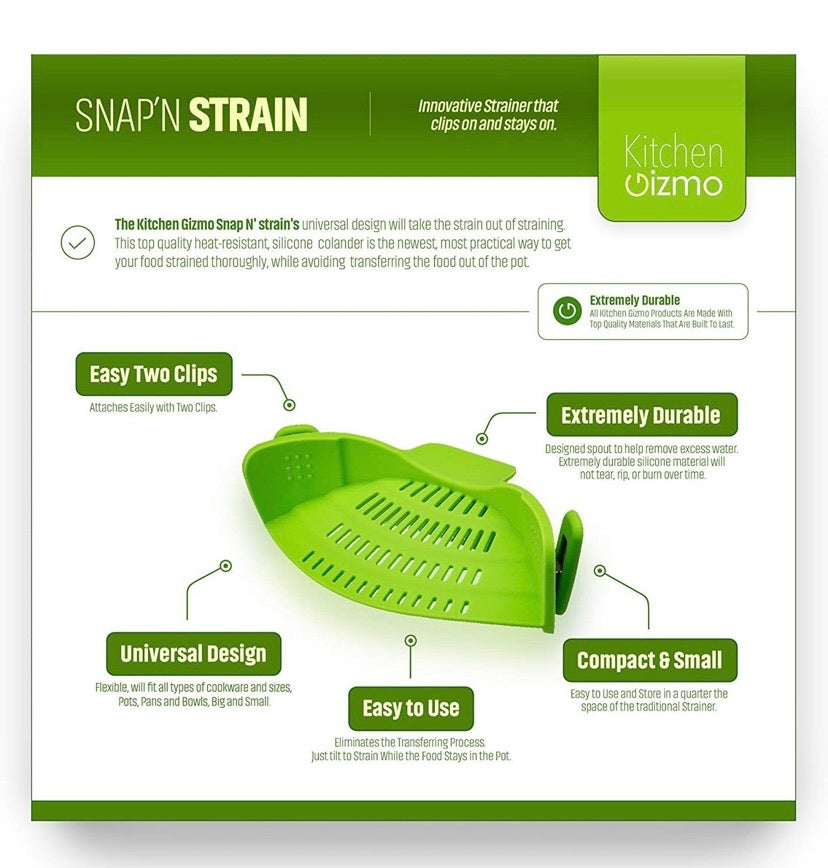 Snap 'N Strain Strainer, Clip On Silicone Colander, Fits All Pots and Bowls - Lime Green