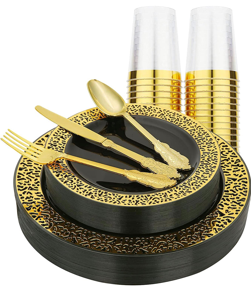180pcs Black and Gold Plastic Plates with Gold Plastic Silverware
