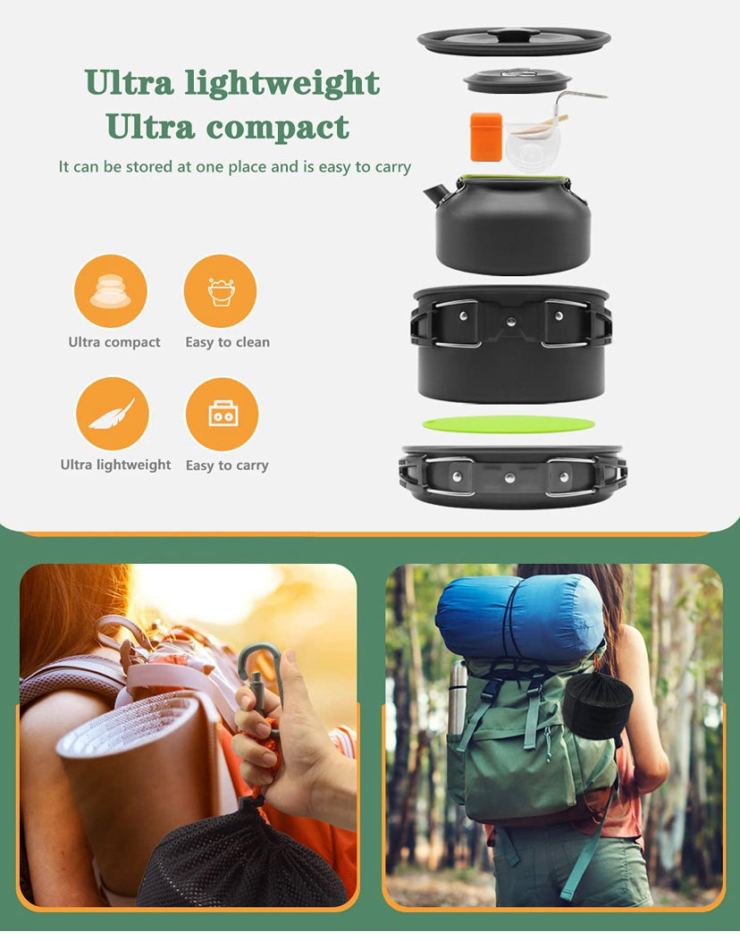 16pcs Camping Cookware Kit, Outdoor Cooking Set with Kettle, Lightweight Camping Pot and Pan for 2 to 3 People Camping, Hiking,Picnic