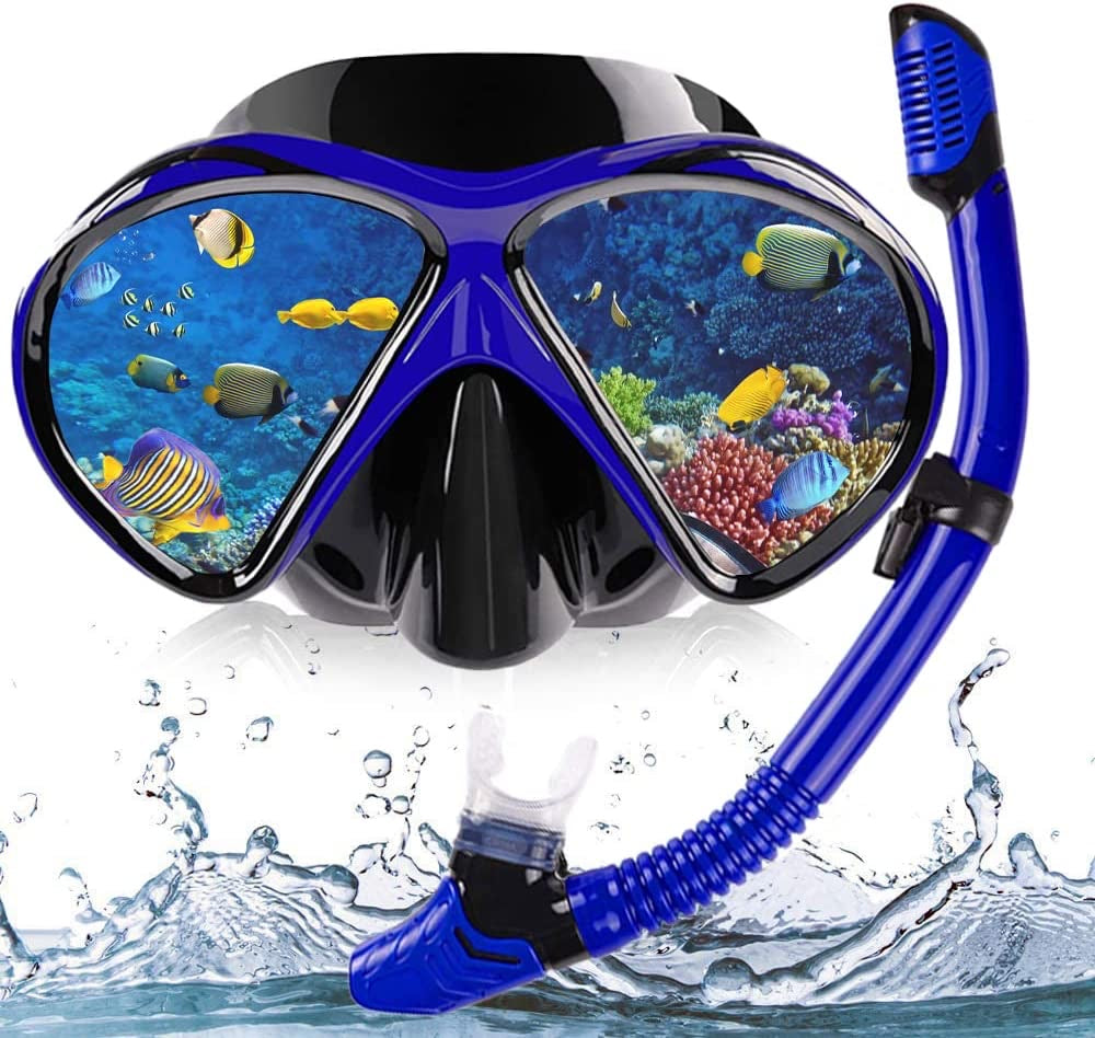Snorkel Mask Snorkel Set Snorkeling Goggles Free Breath Dry Top Set Snorkeling Gear Anti-Fog and Anti-Leak 180 Degree Panoramic View Swimming Goggles Waterproof Durable Tempered Glass Mask for Adults